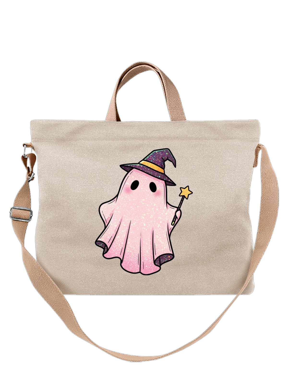 Сумка бежевая с принтом Розовый призрак в шляпе с волшебной палочкой — cute ghost — Бежевая, фото 1