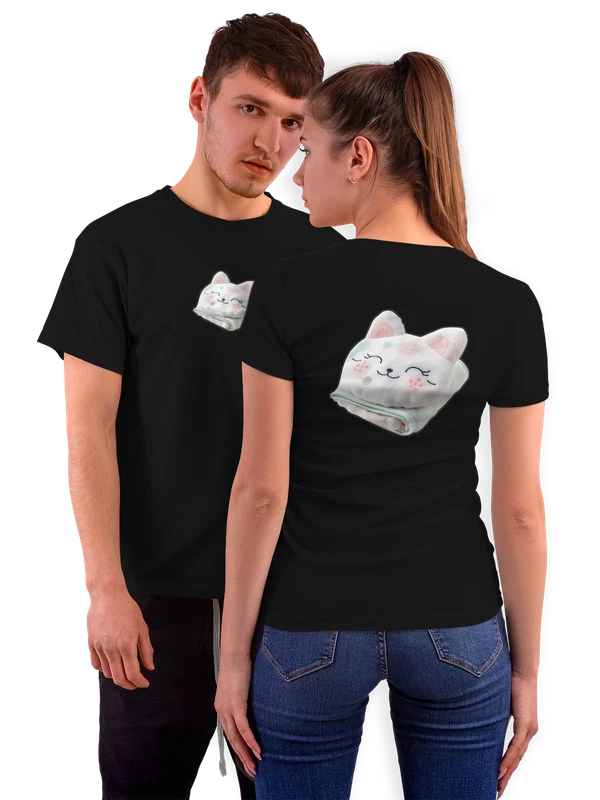Футболка с милым спящим котом на пледе — Чёрная, фото 1