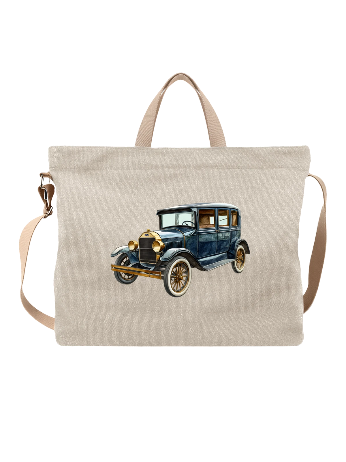 Сумка бежевая с принтом Ретро автомобиль Ford Model T синий — vintage car — Бежевая, фото 1