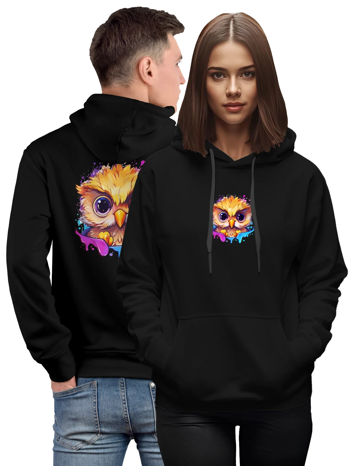 Худи Сова чёрное с принтом — дикая природа — Чёрная, фото 1