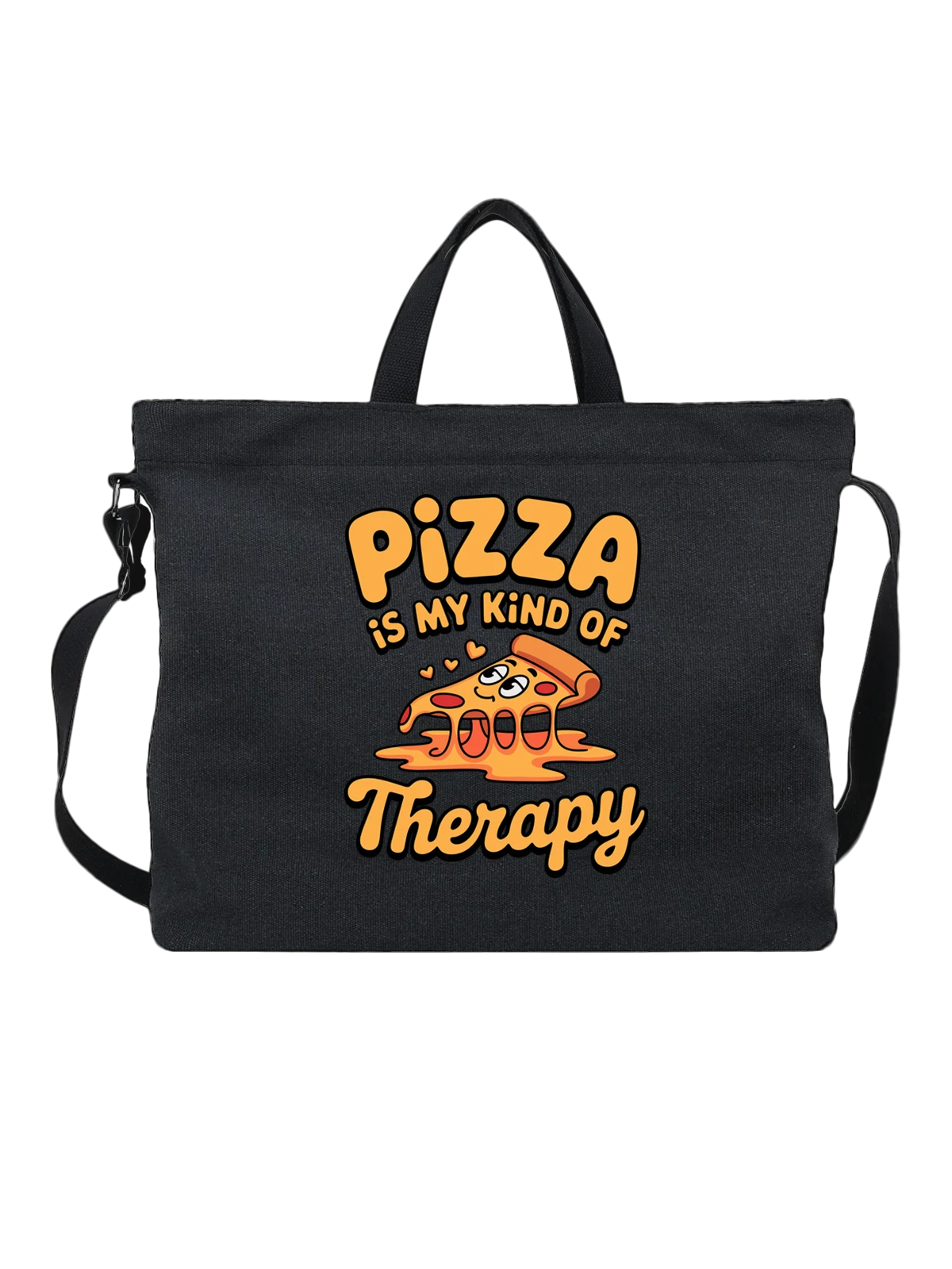 Сумка чёрная с принтом Pizza is my kind of Therapy — надпись pizza — Чёрная, фото 1