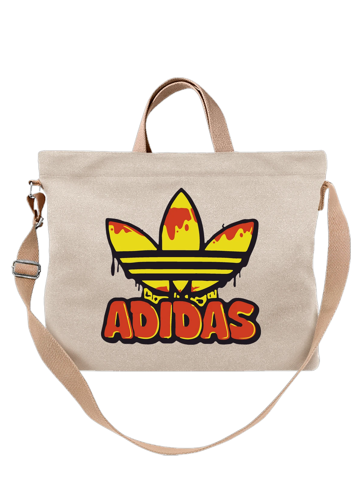 Сумка бежевая с принтом с логотипом Adidas в красно желтом стиле — уличный стиль — Бежевая, фото 1
