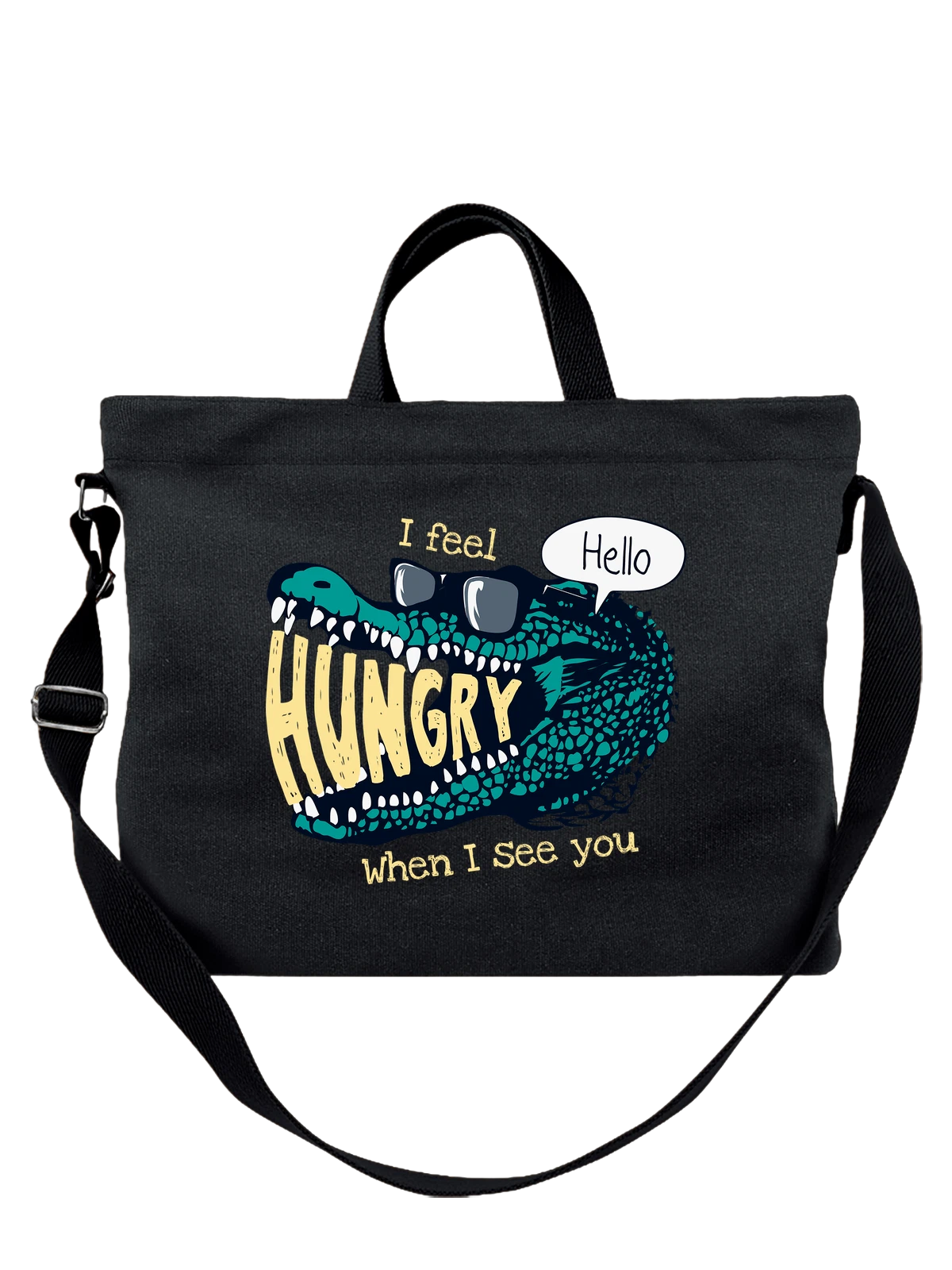 Сумка Крокодил i feel hungry чёрная с принтом — подарок любителю рептилий — Чёрная, фото 1