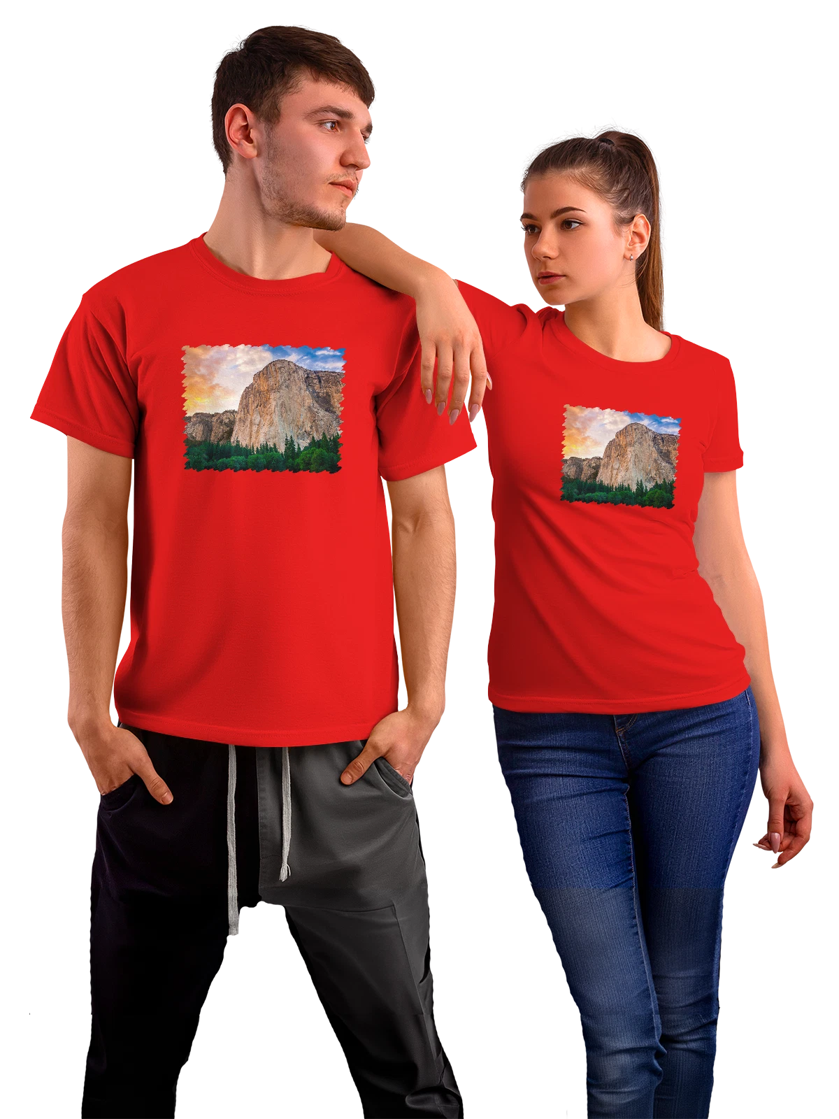 Футболка Пейзаж Yosemite Mountains красная с принтом — гармония природы — Красная, фото 1