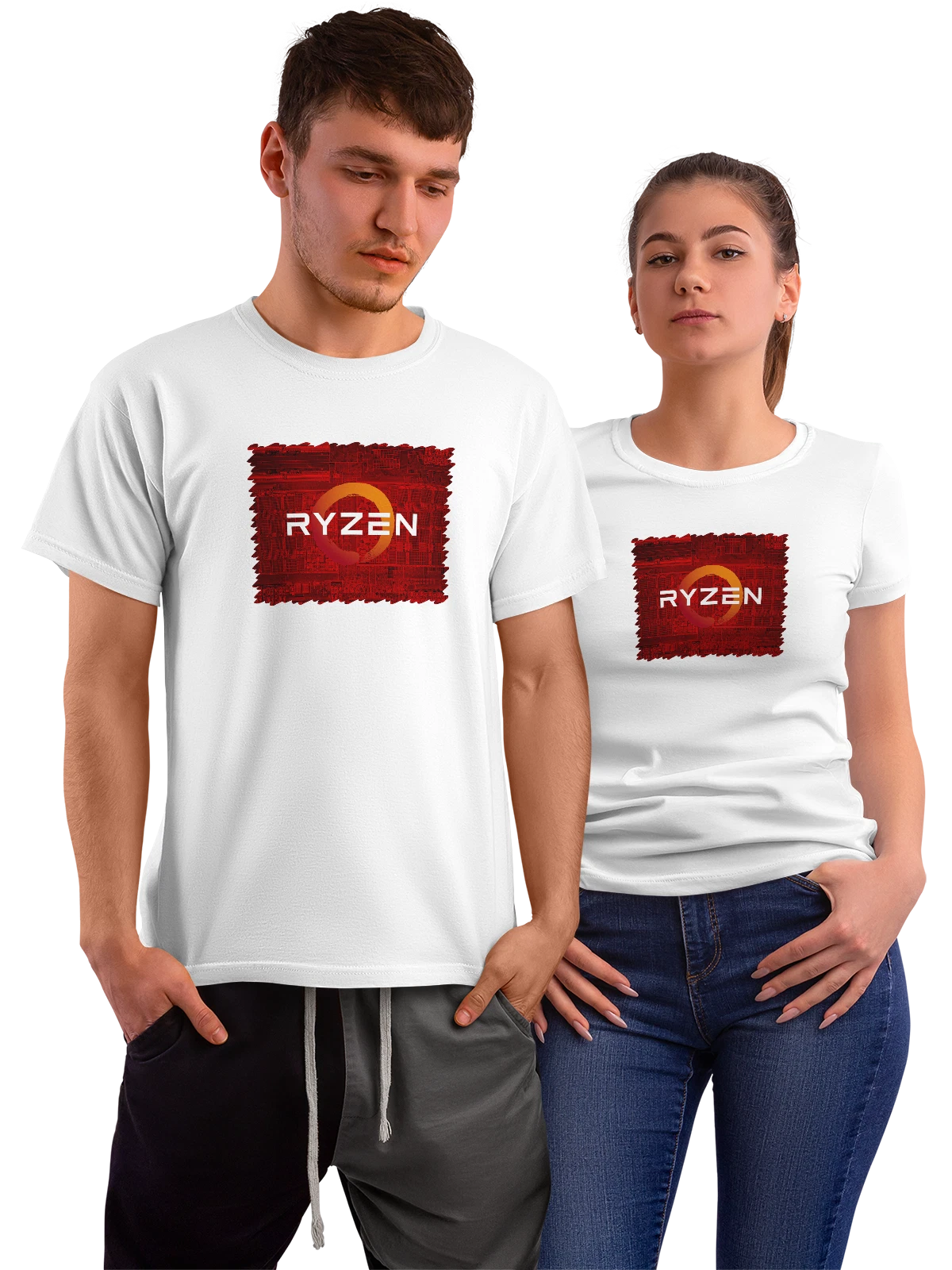 Футболка AMD Ryzen Красный фон белая с принтом — авторский рисунок — Белая, фото 1