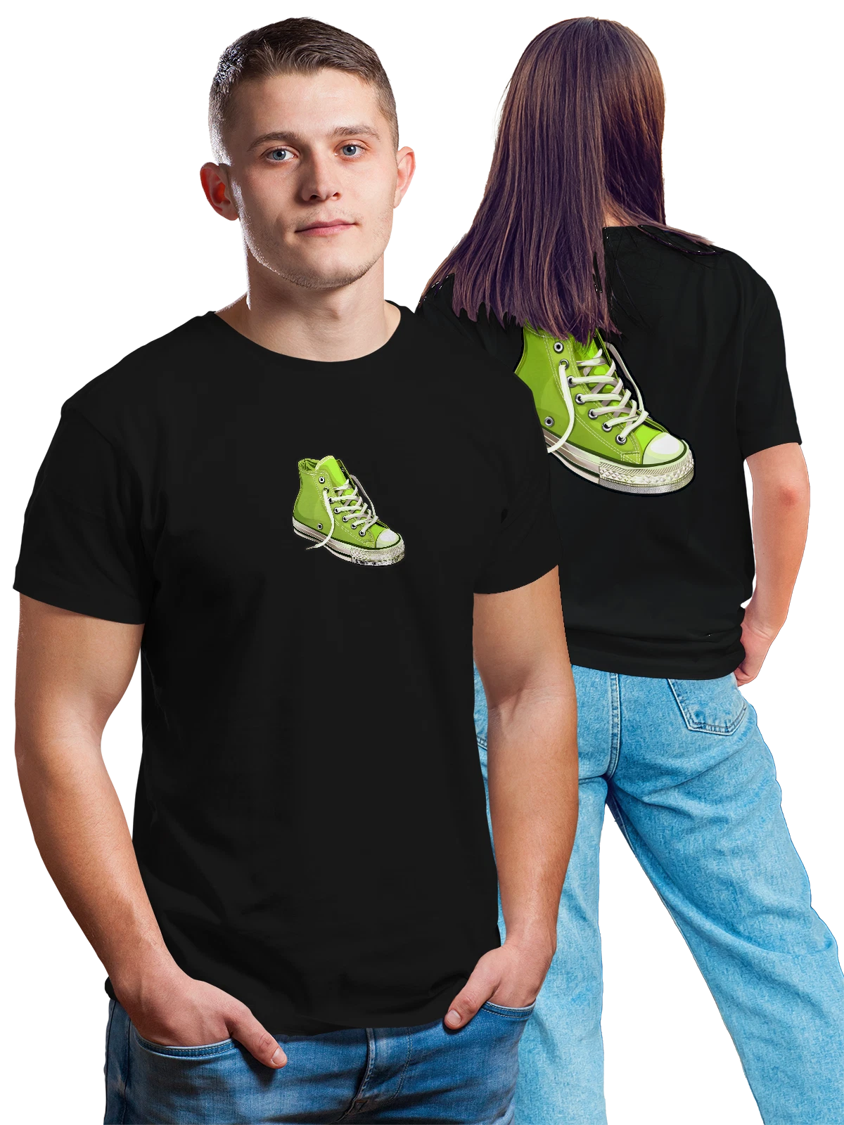 Футболка Зеленые высокие кеды на шнуровке чёрная с принтом на спине — casual style — Чёрная, фото 1