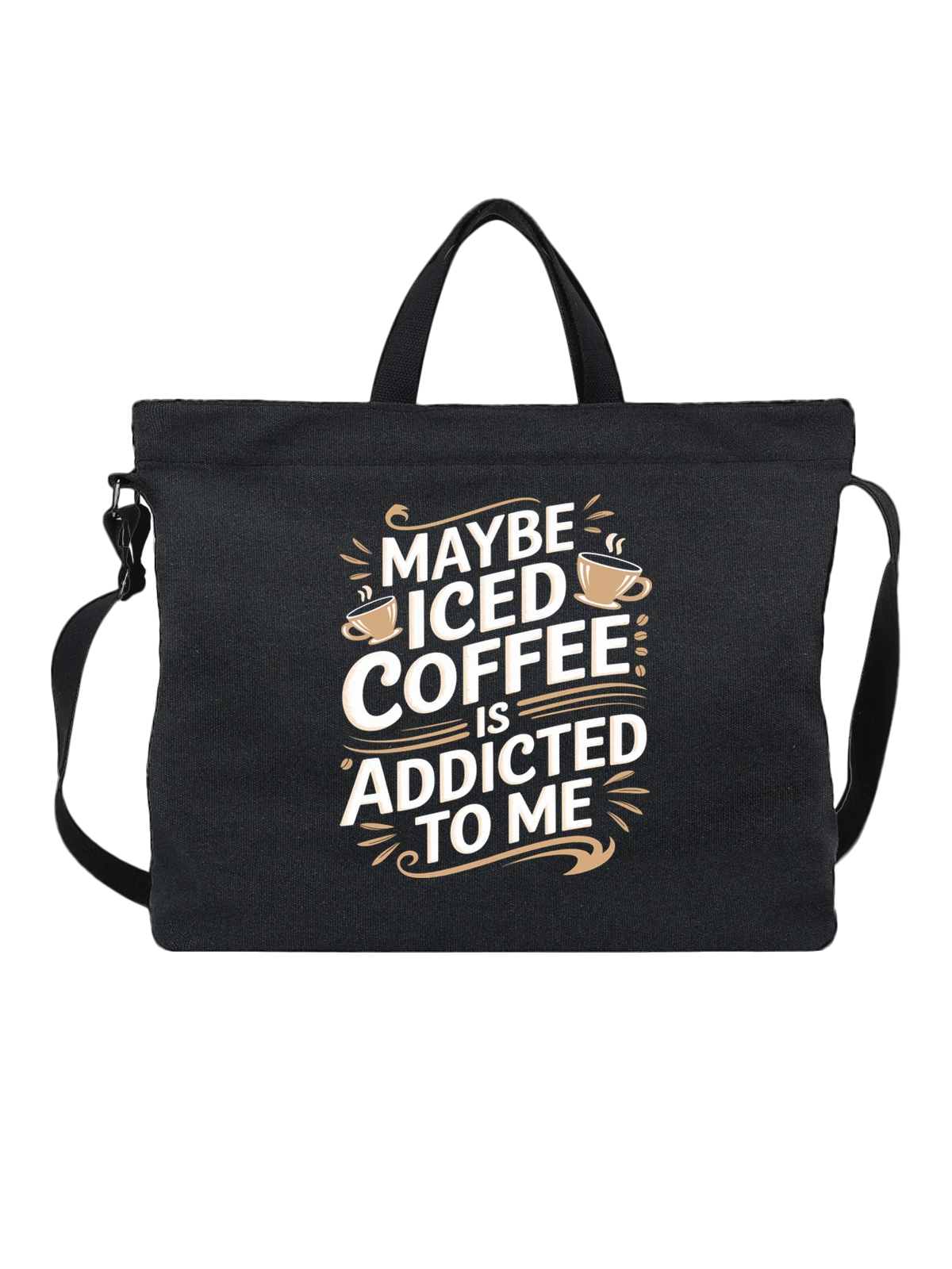 Сумка чёрная с принтом с надписью Maybe Need Coffee — бежевые тона — Чёрная, фото 1