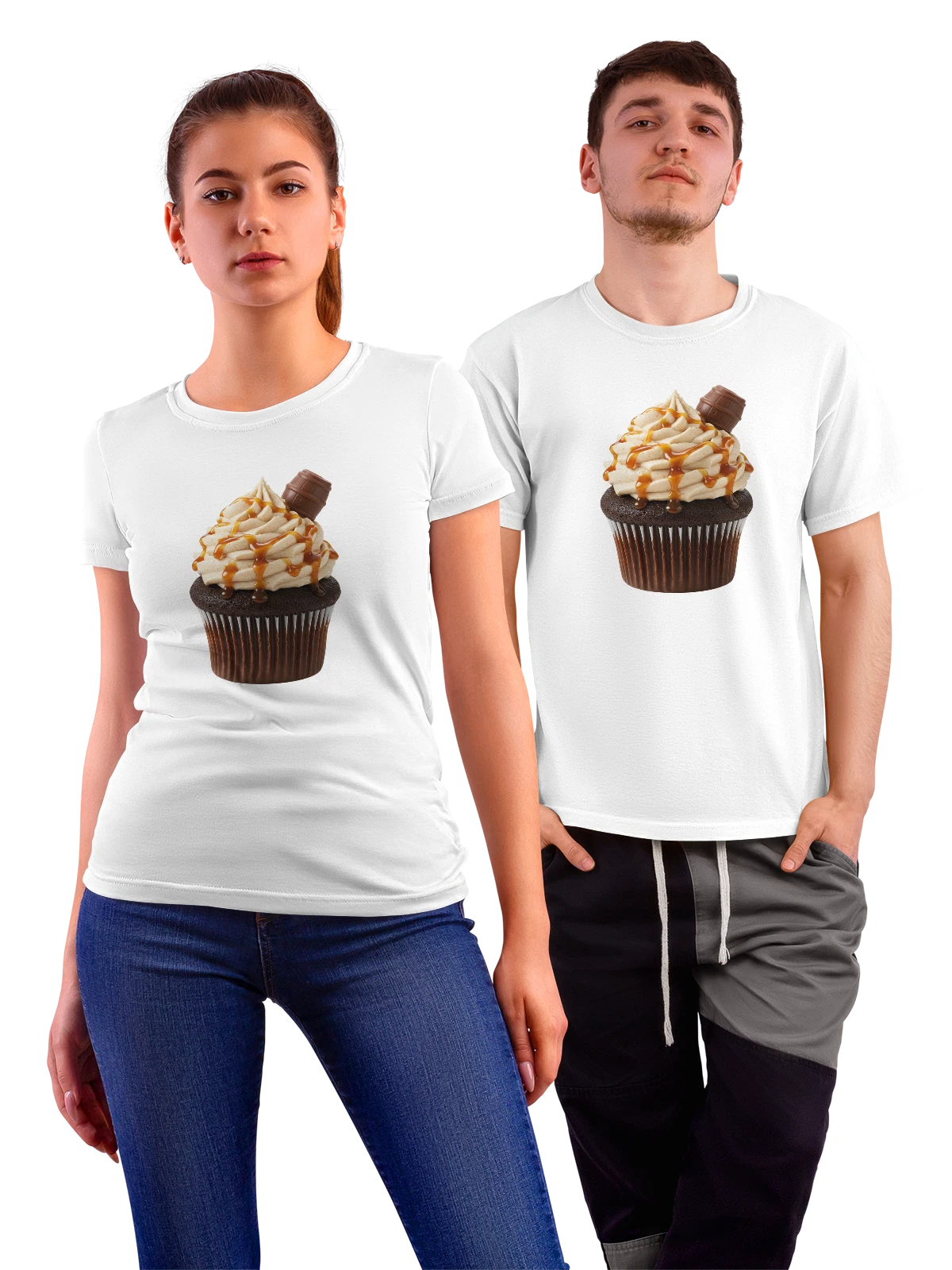 Футболка Шоколадный кекс с кремом и карамелью белая с принтом — кремовый капкейк — Белая, фото 1