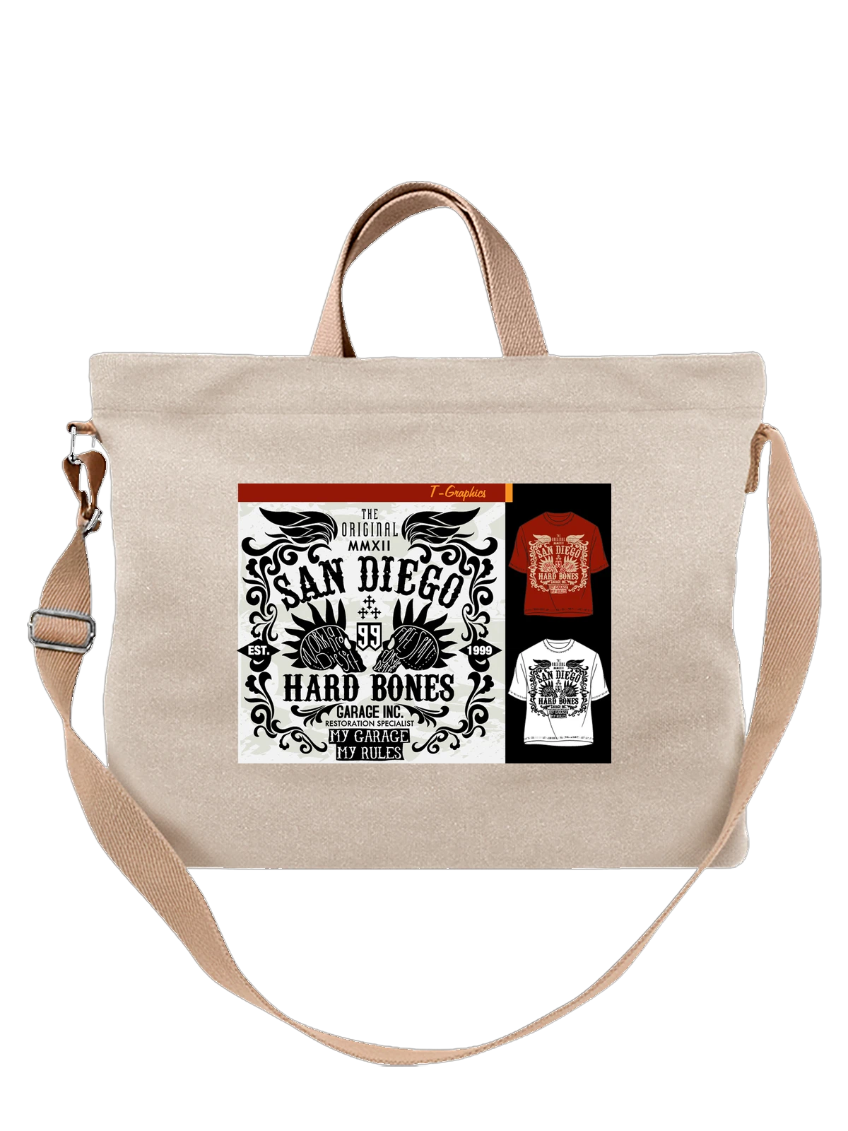 Сумка San Diego Hard Bones гаражный клуб с эмблемой белая с принтом — тюнинг — Белая, фото 1