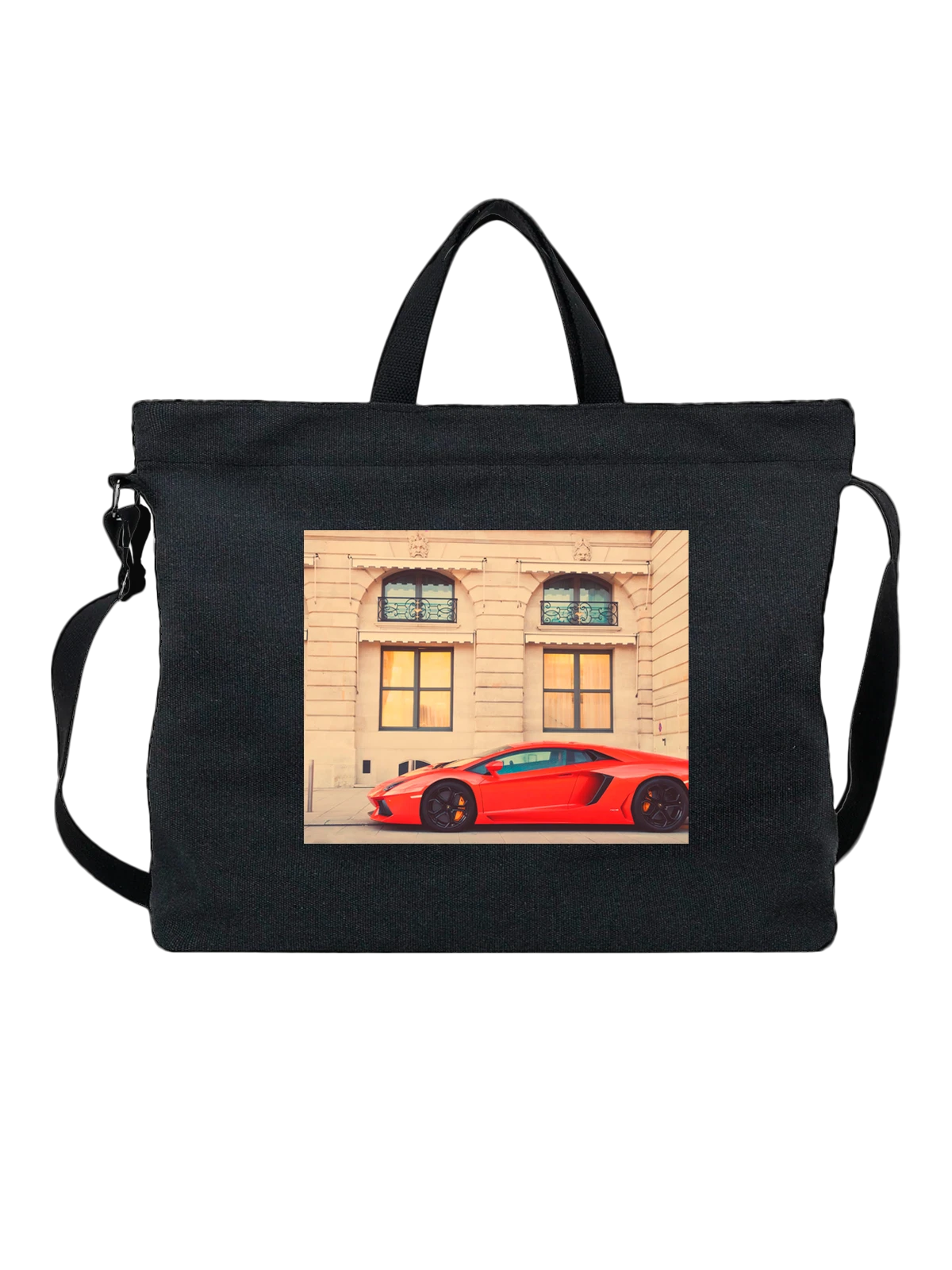 Сумка чёрная с принтом Машина Lamborghini у дворца — мощный двигатель — Чёрная, фото 1