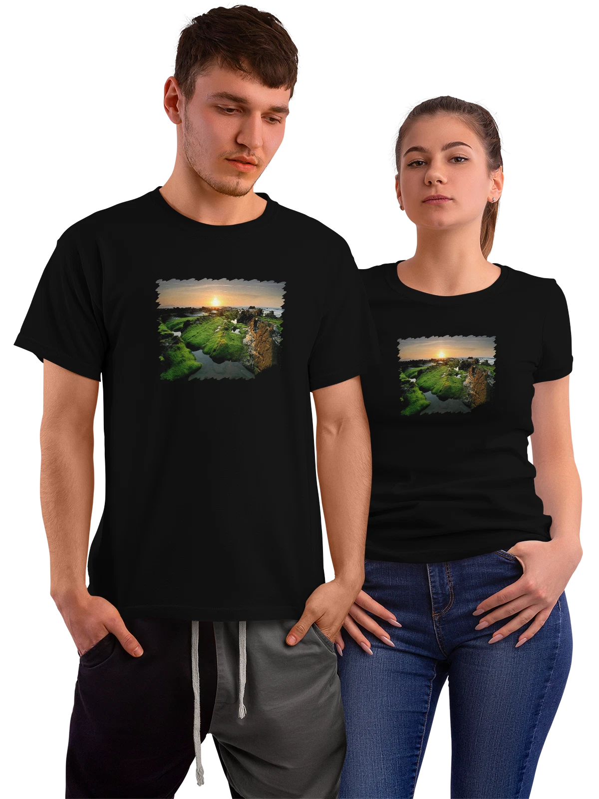 Футболка Природа Пейзаж на закате чёрная с принтом — гармония природы — Чёрная, фото 1