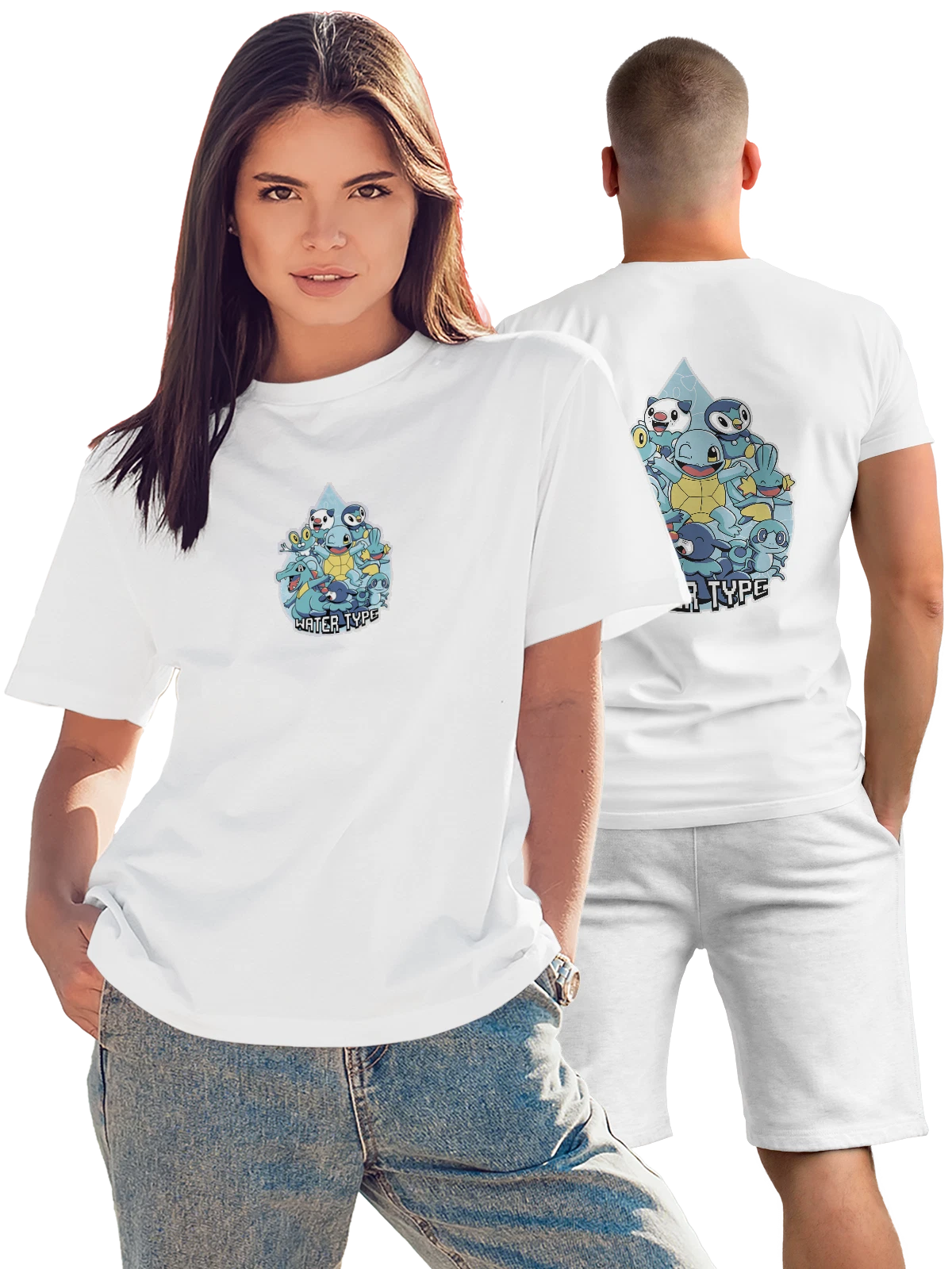 Футболка Squirtle и водные покемоны, Water Type белая с принтом на спине — Popplio — Белая, фото 1