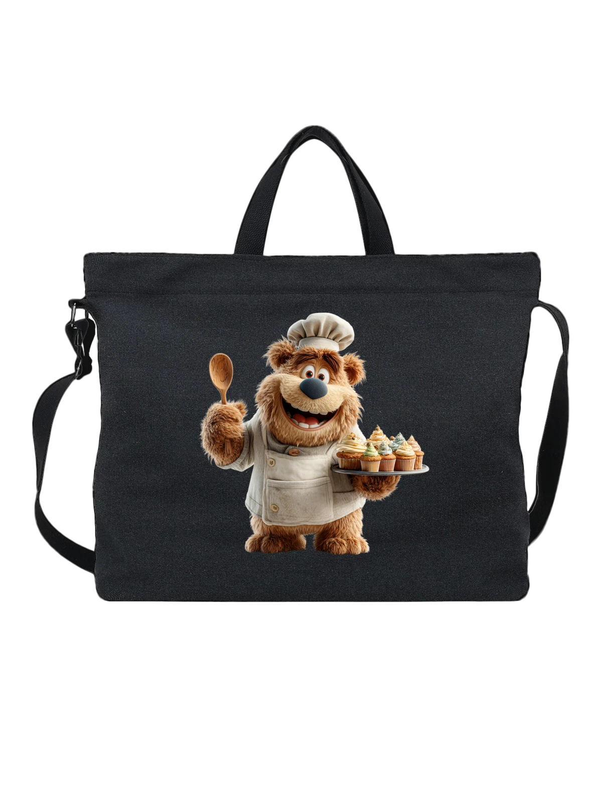 Сумка чёрная с принтом Chef bear с ложкой и кексами — деревянная ложка — Чёрная, фото 1
