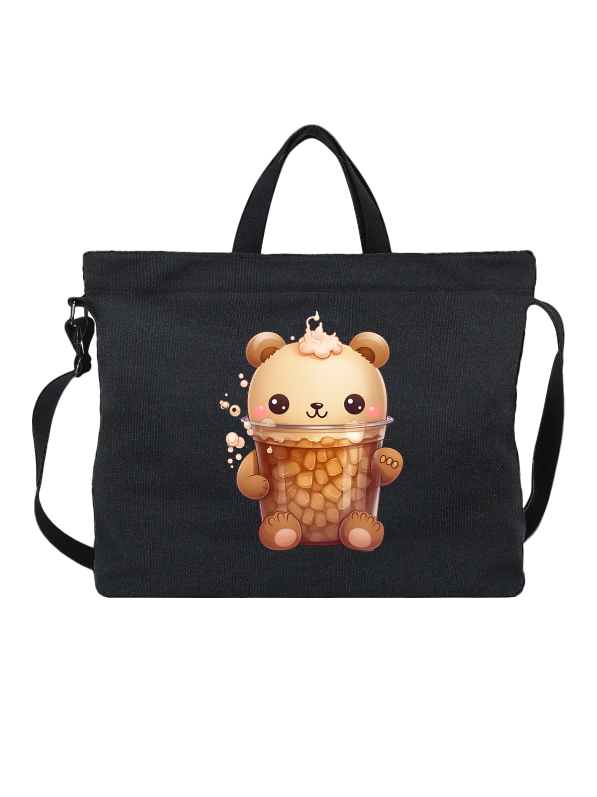 Сумка чёрная с принтом с kawaii bear в стаканчике — cute bear — Чёрная, фото 1