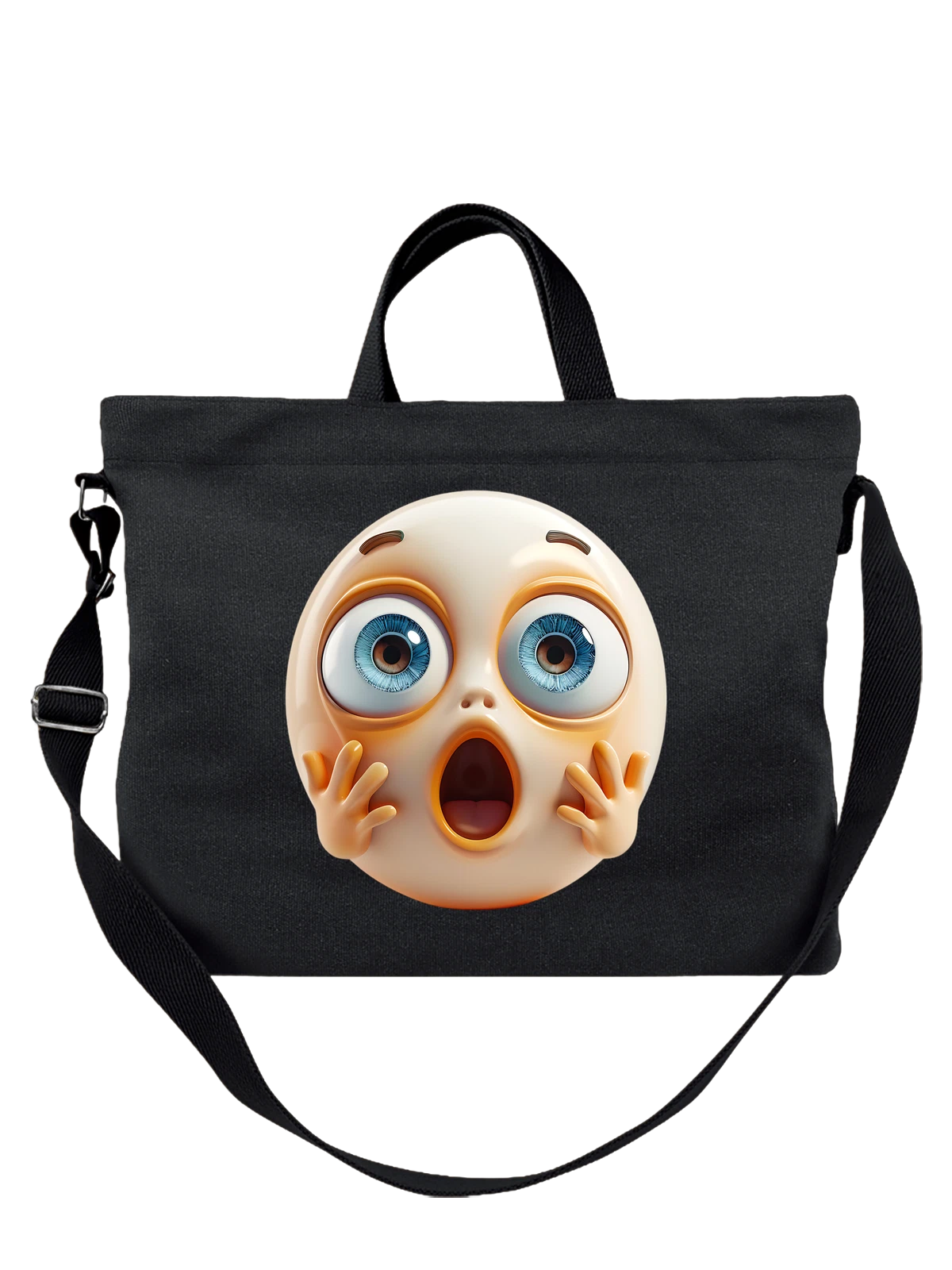 Сумка чёрная с принтом Шокированный смайлик с большими глазами — emoji — Чёрная, фото 1