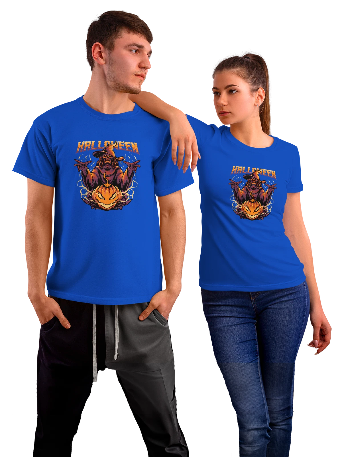 Футболка Ведьма с тыквой и свечой на фоне заката синяя с принтом — свеча — Синяя, фото 1