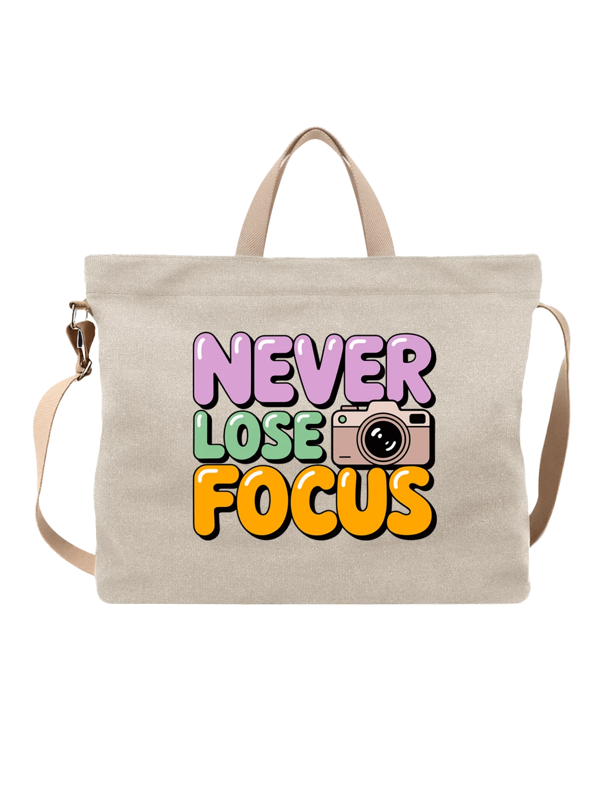 Сумка бежевая с принтом Never Lose Focus: камера и текстовый — фототехника — Бежевая, фото 1