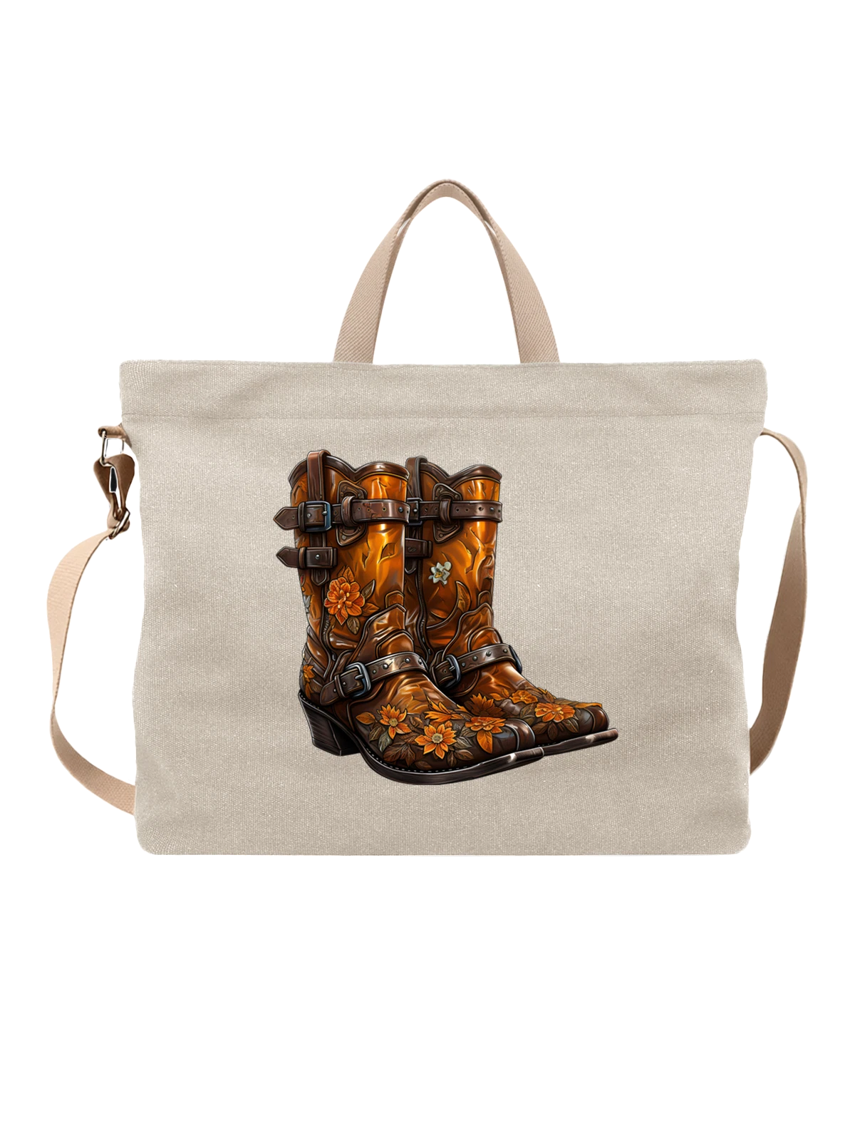 Сумка Ковбойские сапоги с цветочной росписью белая с принтом — western boots — Белая, фото 1