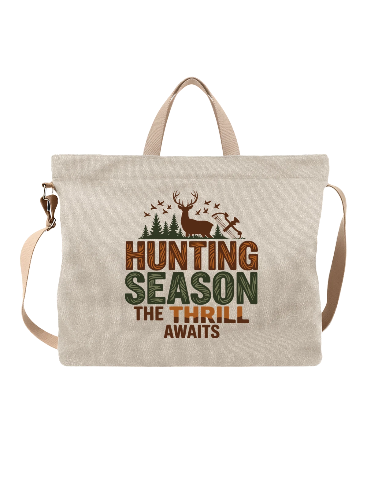 Сумка бежевая с принтом Hunting Season олень в лесу — декоративный текст — Бежевая, фото 1