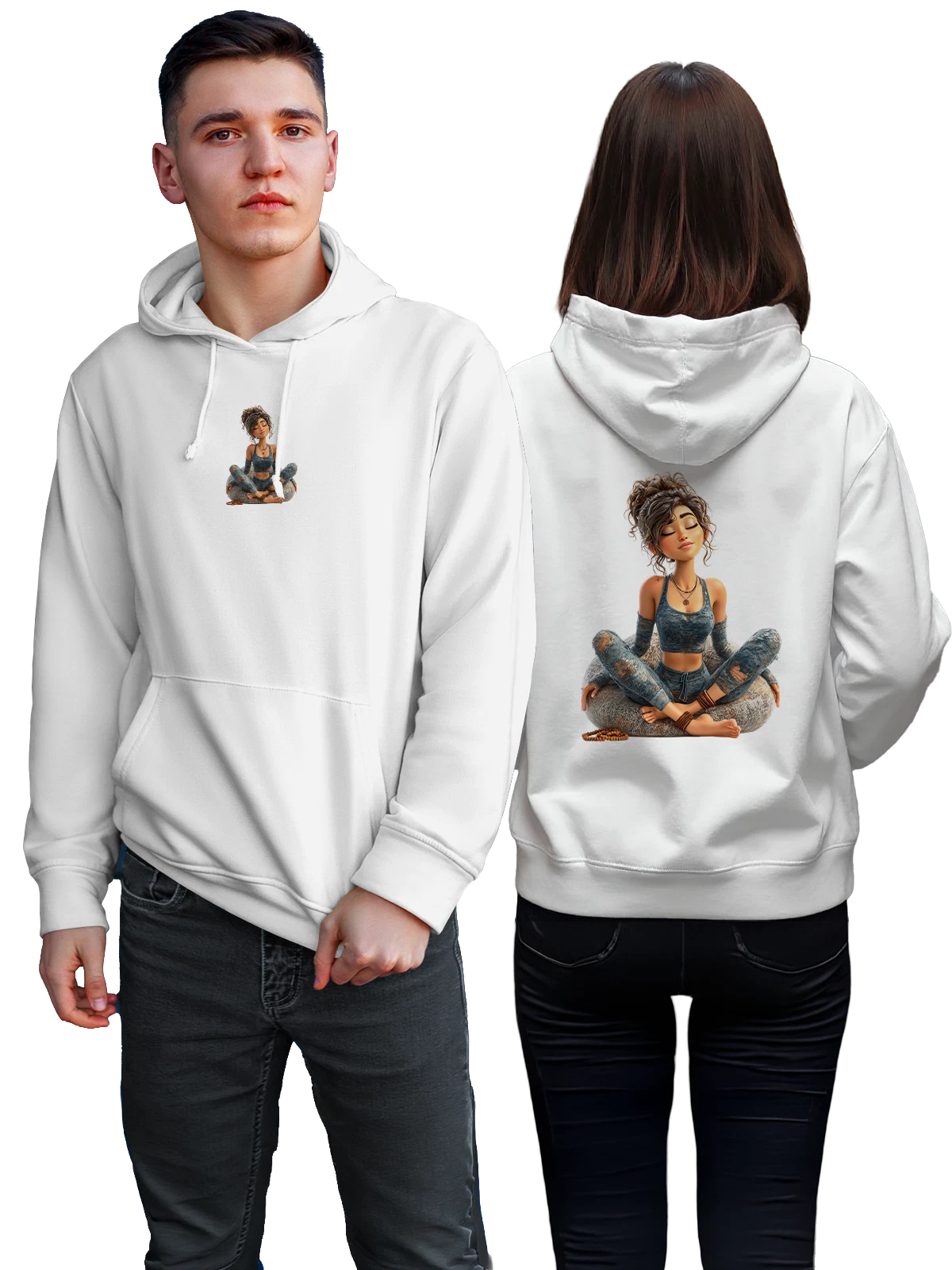 Худи Девушка медитирует на камне в позе лотоса белое с принтом — домашняя одежда — Белая, фото 1