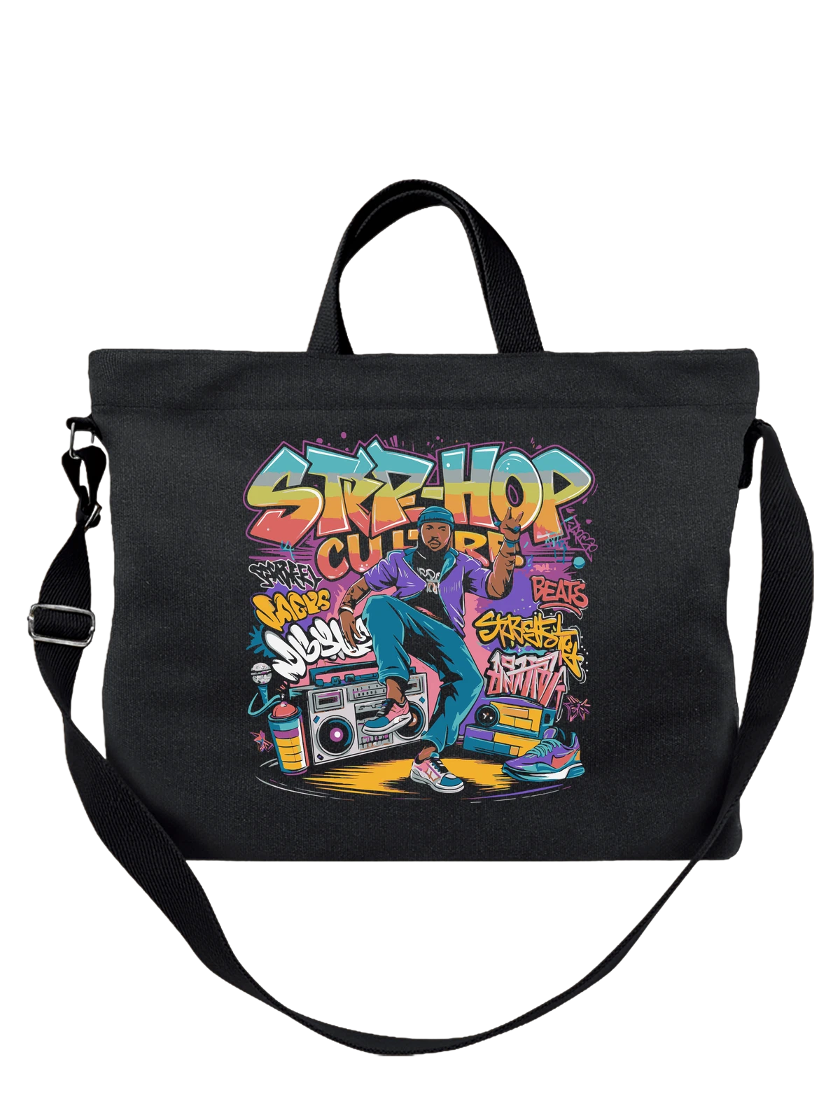 Сумка чёрная с принтом Танцор брейкданса у граффити стены — hip hop art — Чёрная, фото 1