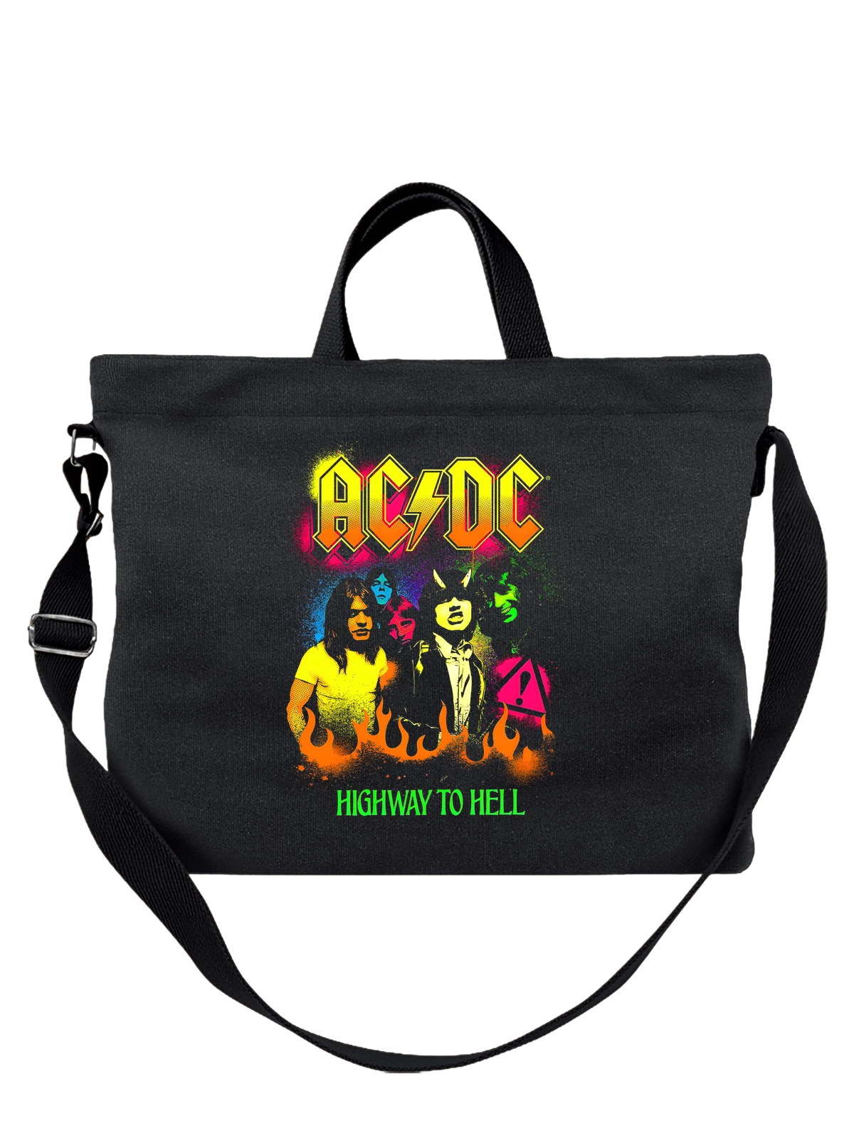 Сумка чёрная с принтом ACDC огненный череп и Highway to Hell — тяжелый рок — Чёрная, фото 1