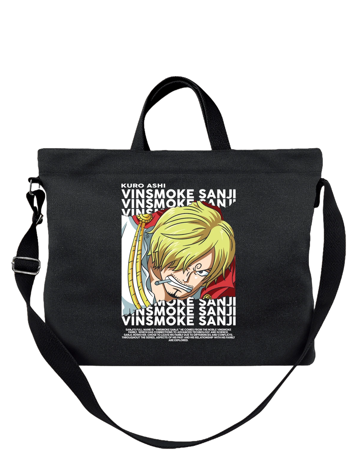 Сумка чёрная с принтом Санджи One Piece с зажжённой сигаретой — красный плащ — Чёрная, фото 1