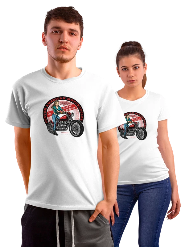 Футболка девушка на кастом мотоцикле Lucky Wheels — Белая, фото 1