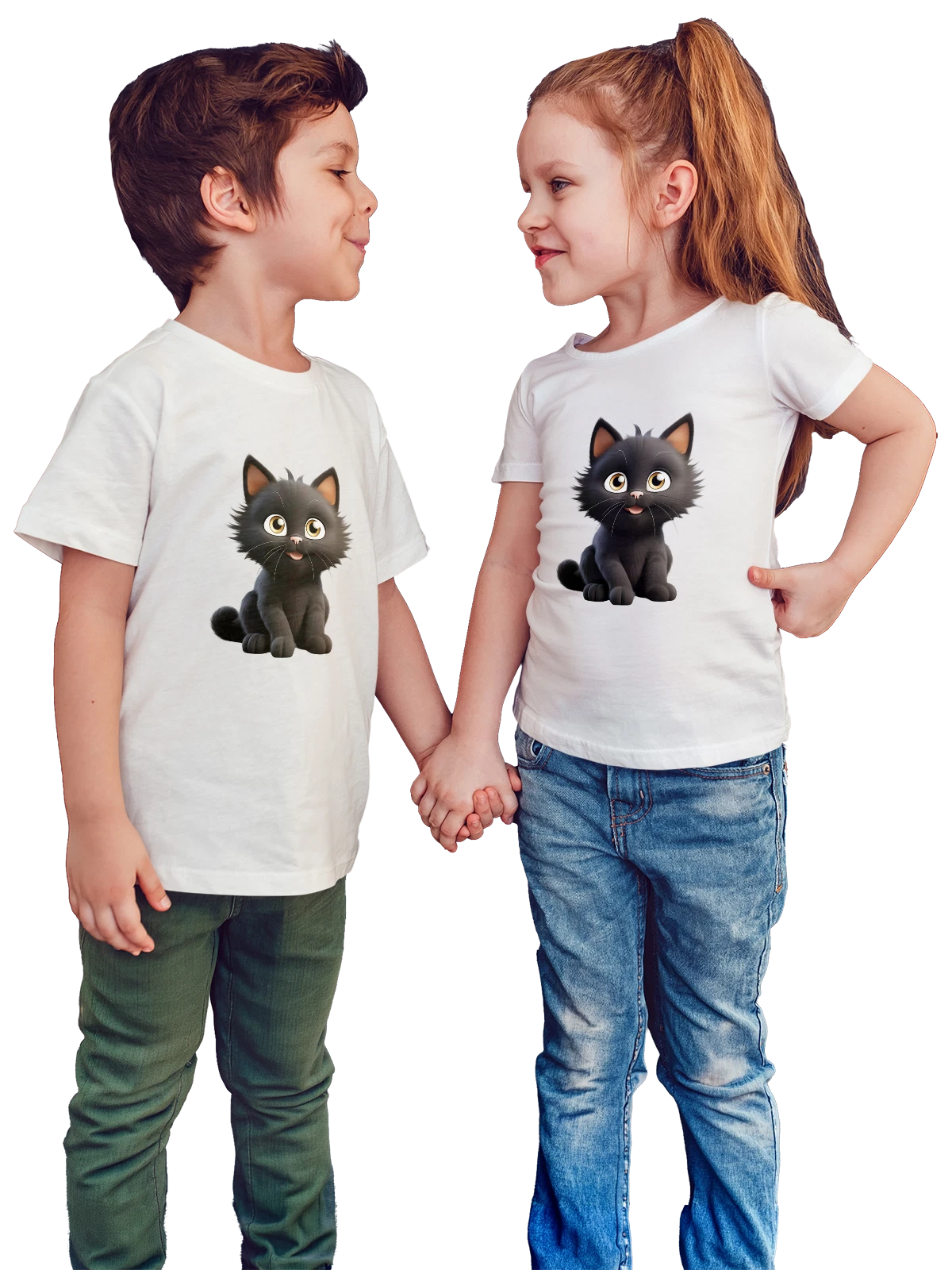 Футболка детская Черный котенок с большими глазами белая с принтом — kawaii кот — Белая, фото 1
