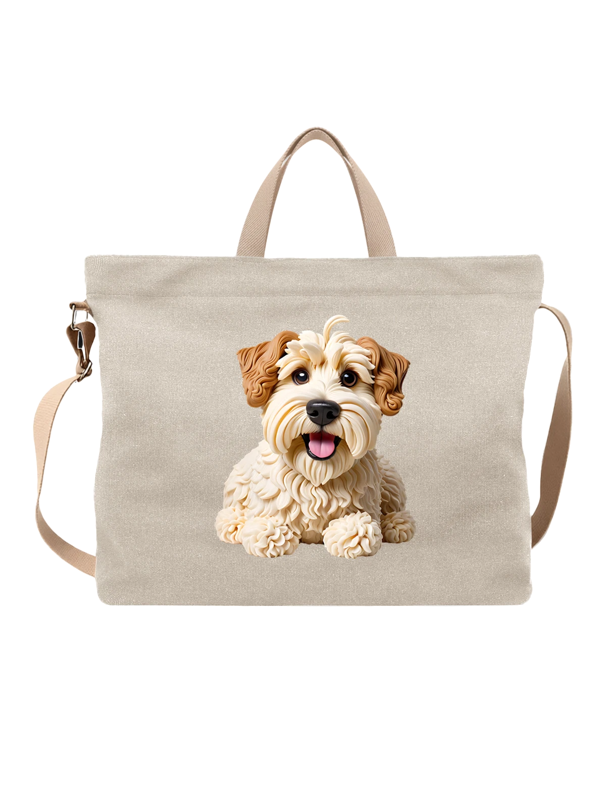 Сумка бежевая с принтом Maltipoo puppy с кремовой кудрявой шерстью — открытая пасть — Бежевая, фото 1