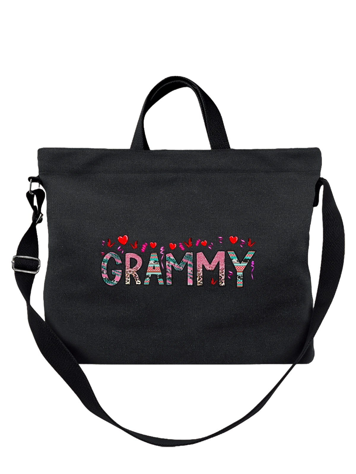 Сумка чёрная с принтом с надписью GRAMMY в цветных узорах — яркие узоры — Чёрная, фото 1