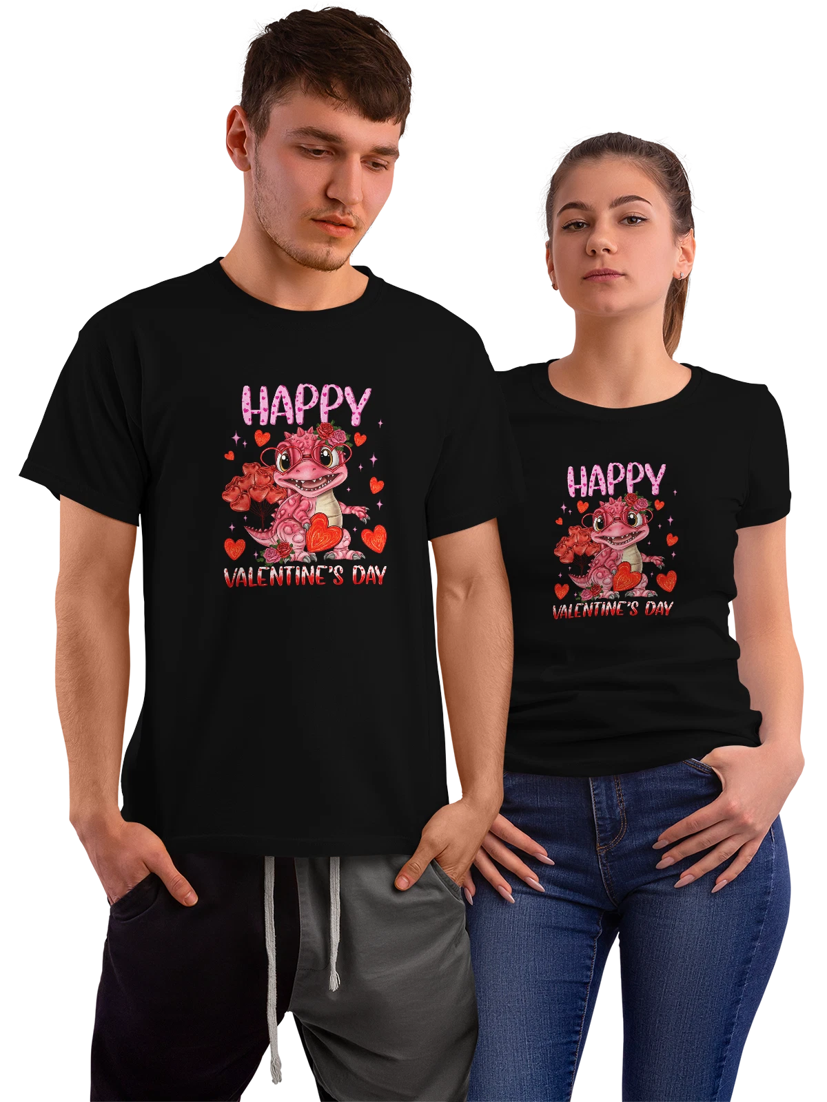 Футболка Розовый динозавр в очках и сердечках чёрная с принтом — Happy — Чёрная, фото 1