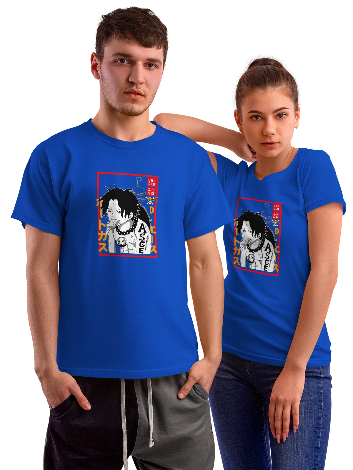 Футболка Эйс One Piece с Uniqlo на красном фоне синяя с принтом — пират — Синяя, фото 1