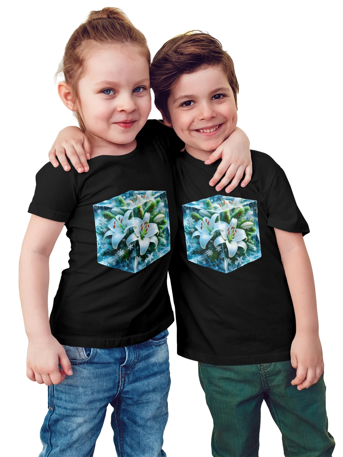 Футболка детская Лилии чёрная с принтом — зимняя сказка — Чёрная, фото 1