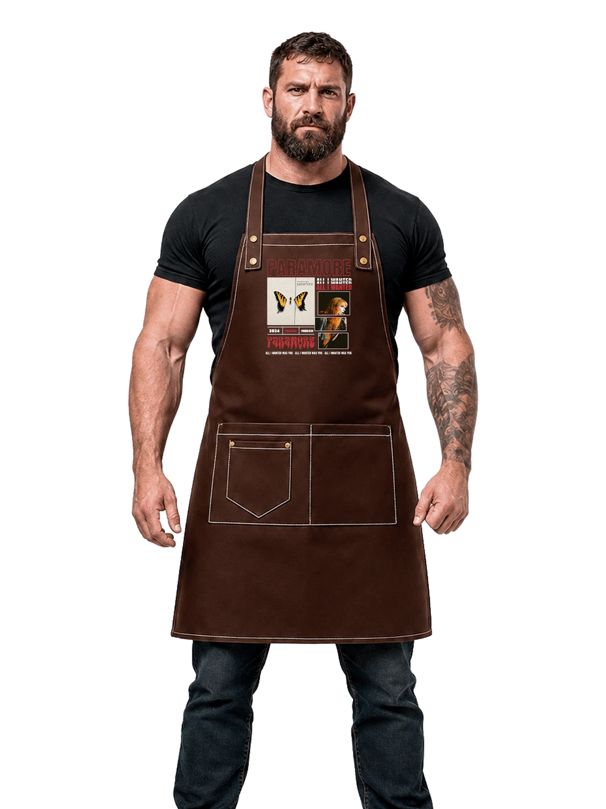 Фартук коричневый с принтом Paramore Brand New Eyes бабочка и певица с крыльями — альтернативный рок — Коричневый, фото 1