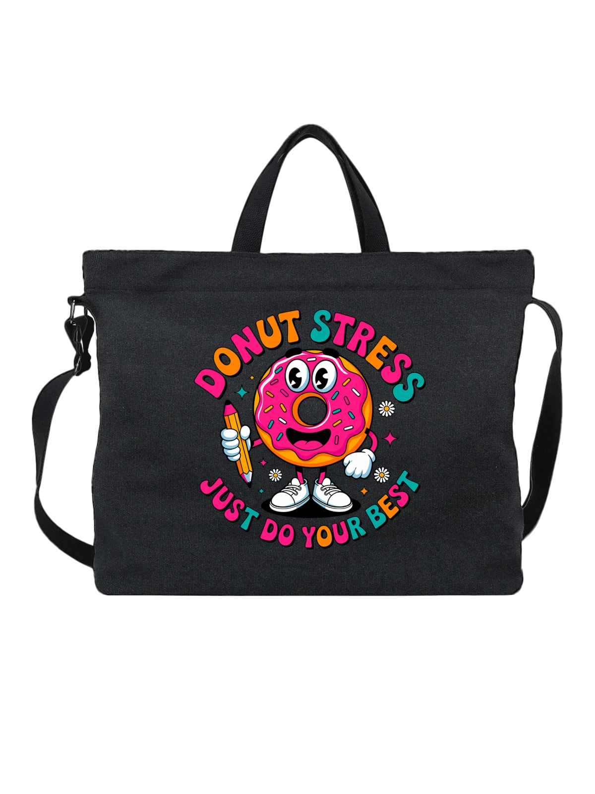 Сумка чёрная с принтом Пончик с надписью Donut Stress Just Do Your Best — Donut Stress Just Do Your Best — Чёрная, фото 1