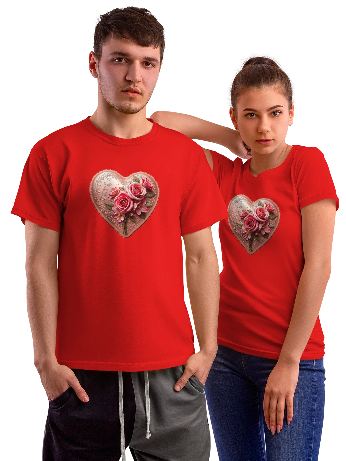 Футболка Сердце с rose bouquet in heart shape роз и розовых красная с принтом — цветочный букет — Красная, фото 1