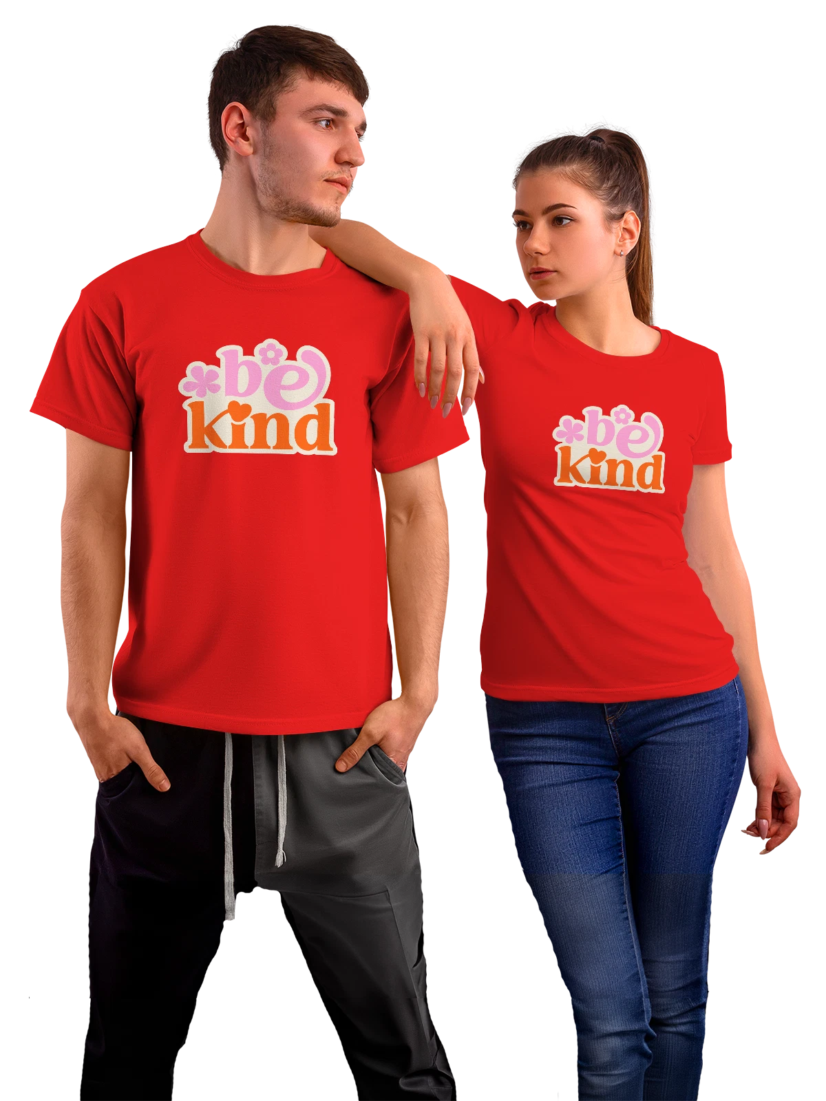 Футболка Надпись be kind с цветами красная с принтом — розовый текст — Красная, фото 1