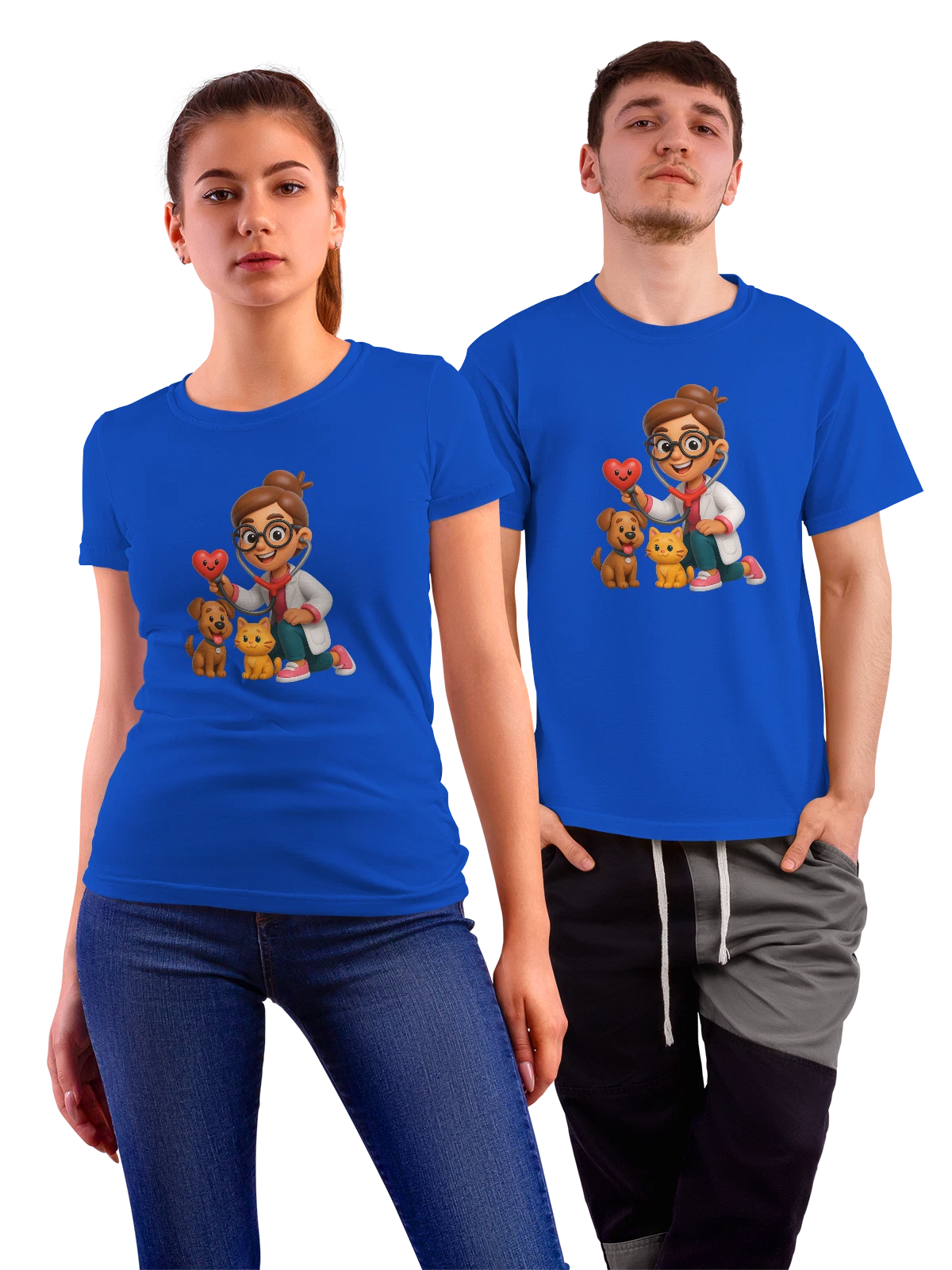 Футболка Девочка врач с собачкой и котёнком синяя с принтом — собачка — Синяя, фото 1
