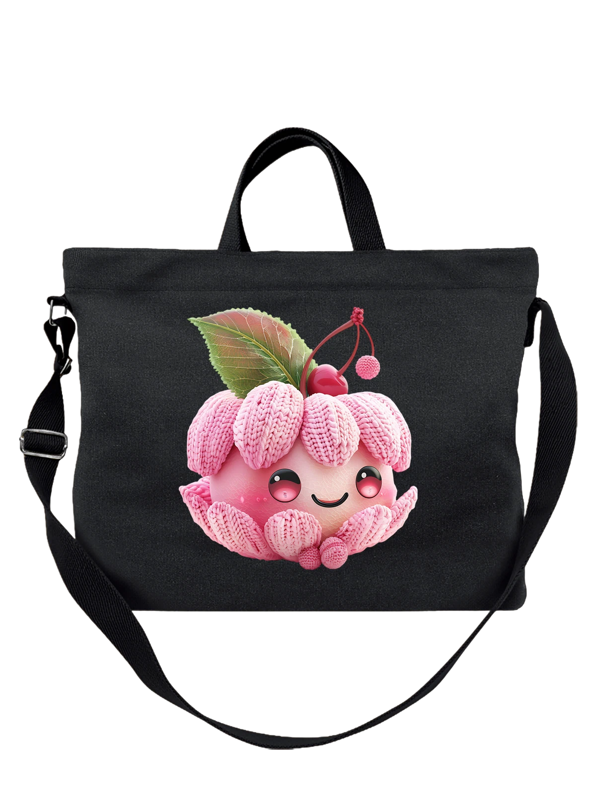 Сумка Милый розовый персик с лицом и листьями чёрная с принтом — фрукт персонаж — Чёрная, фото 1