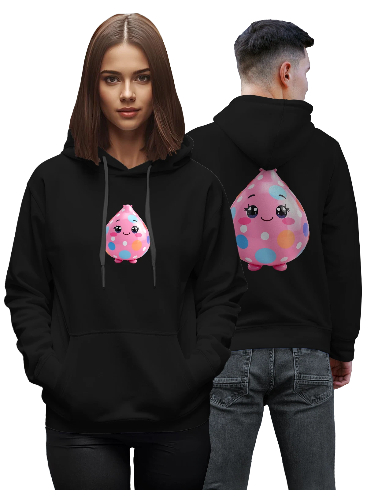 Худи Розовое пасхальное яйцо с милым лицом чёрное с принтом — kawaii — Чёрная, фото 1