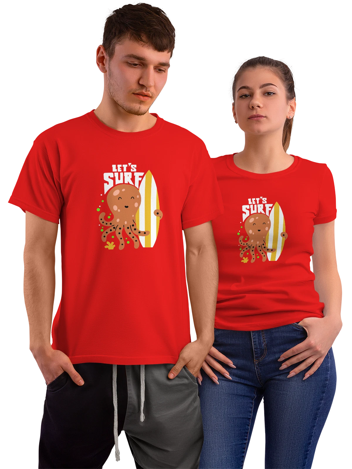 Футболка Осьминог серфер lets surf красная с принтом — подводная жизнь — Красная, фото 1