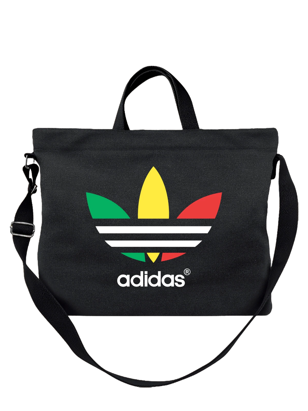 Сумка чёрная с принтом с цветным абстрактным логотипом Adidas — три цветных элемента — Чёрная, фото 1
