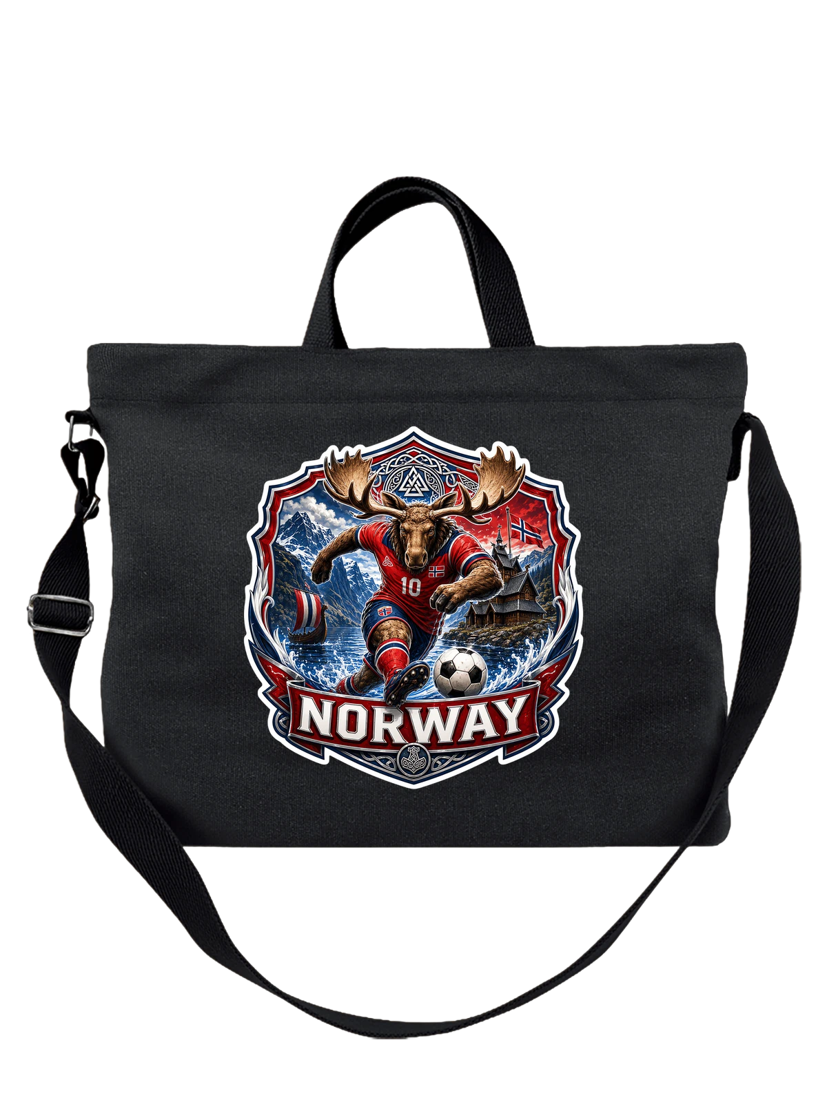 Сумка чёрная с принтом Лось-футболист Norway, красная форма — красная футбольная форма — Чёрная, фото 1
