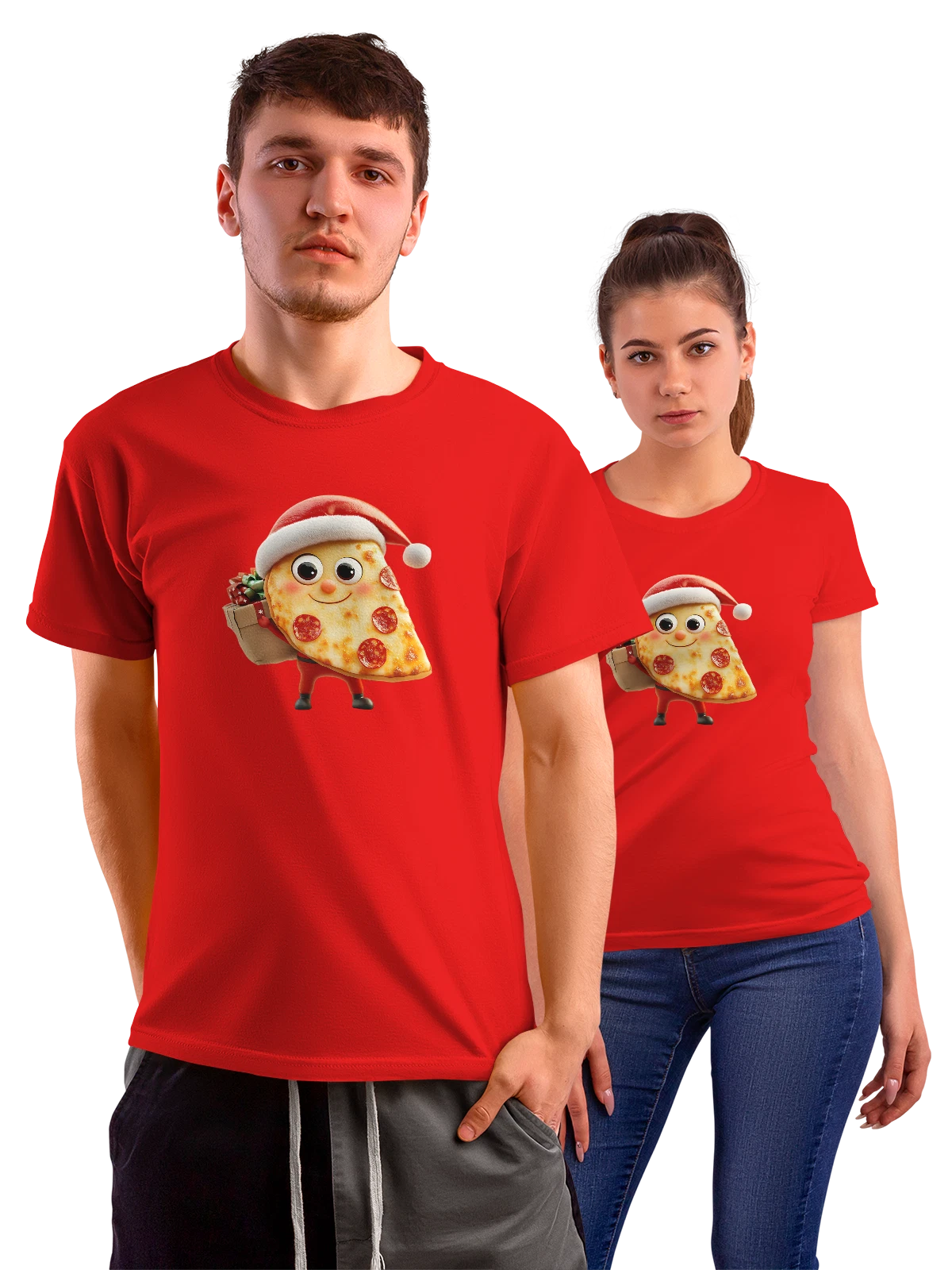 Футболка Pizza slice Санта с подарком и улыбкой красная с принтом — румяные щёки — Красная, фото 1