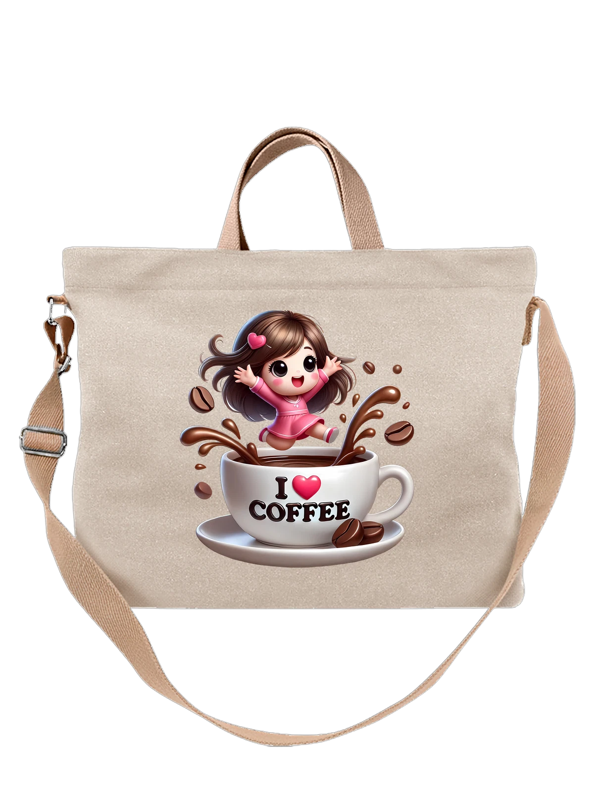 Сумка Милая девочка в чашке кофе I Love Coffee белая с принтом — розовое платье — Белая, фото 1