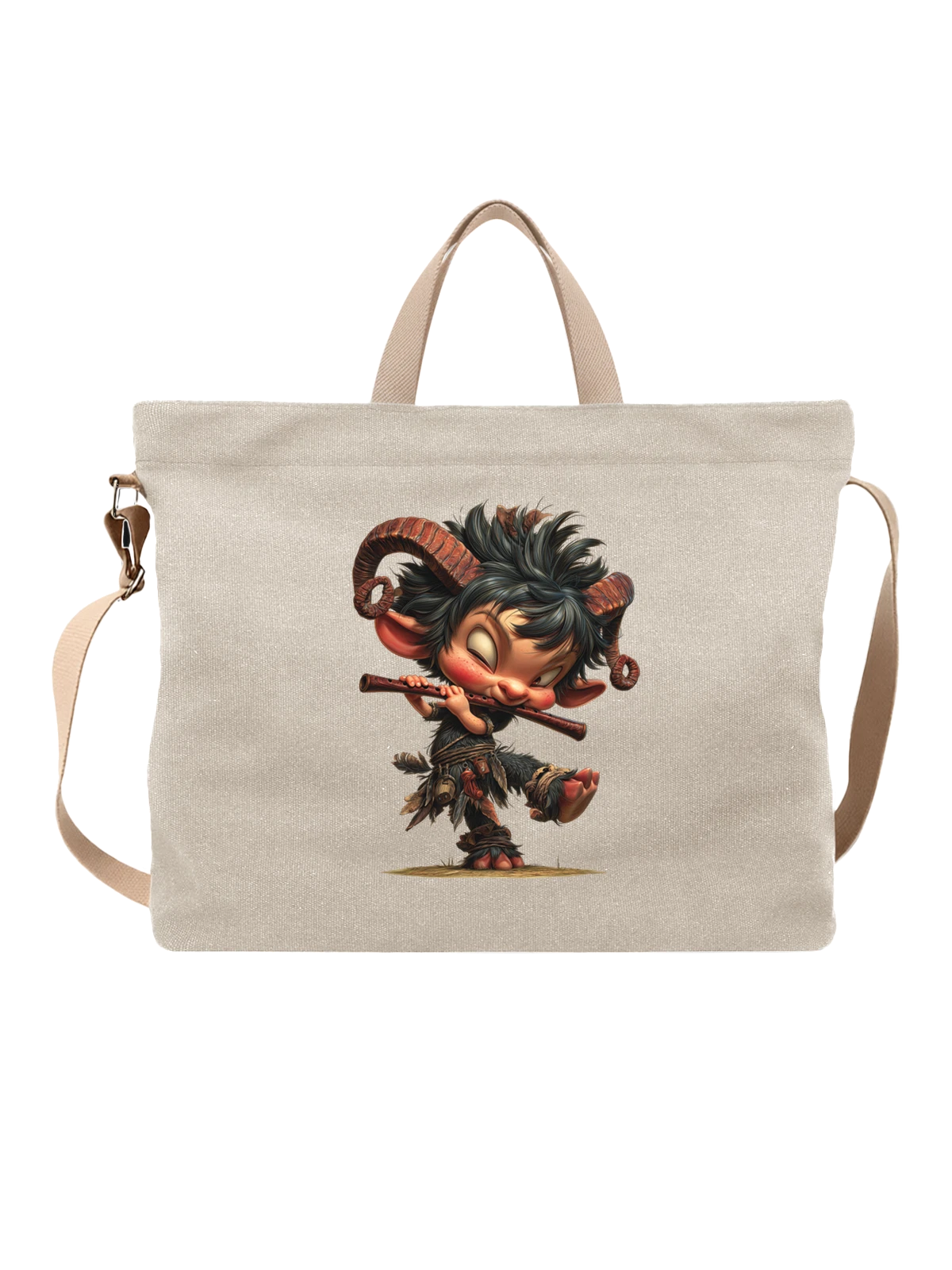 Сумка бежевая с принтом Козлоногая девочка-флейтистка с рогами — хвост — Бежевая, фото 1