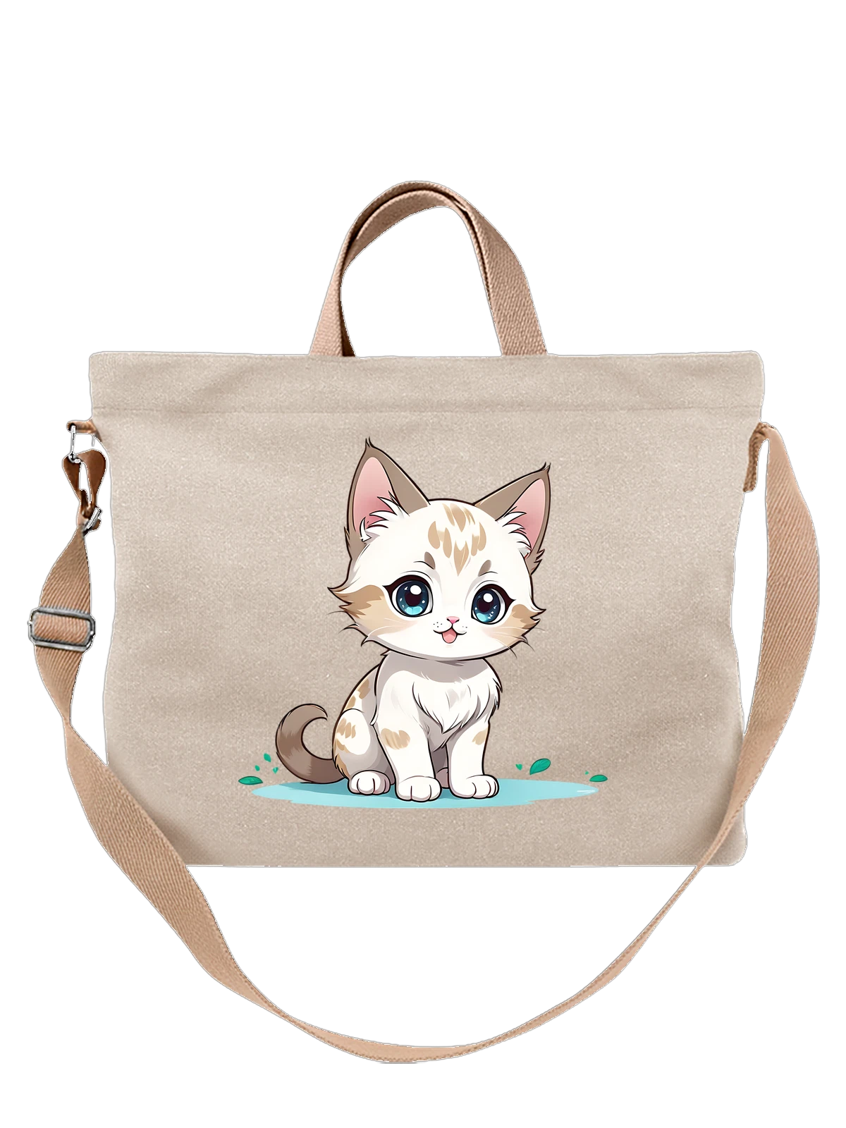 Сумка бежевая с принтом Милый котенок с большими голубыми глазками — cute cartoon cat — Бежевая, фото 1