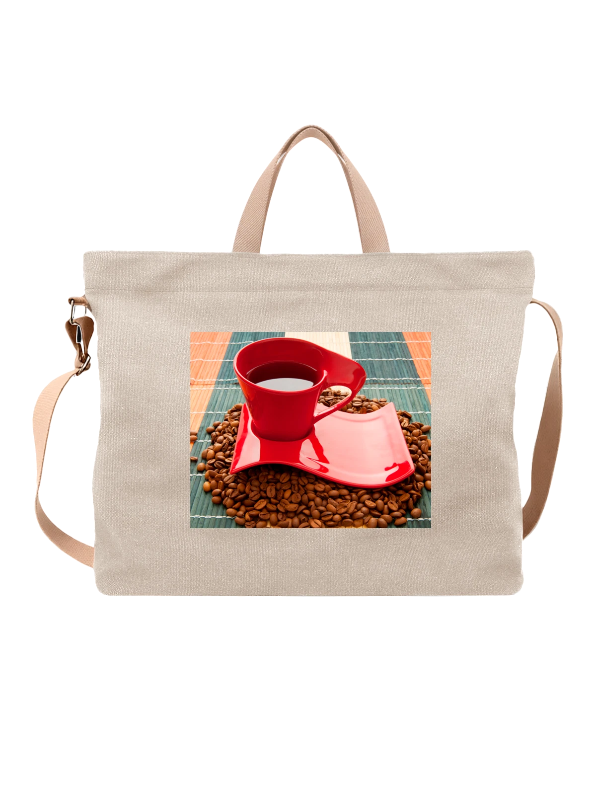 Сумка бежевая с принтом на кухню Еда чашка кофе зёрна — красочная сервировка — Бежевая, фото 1