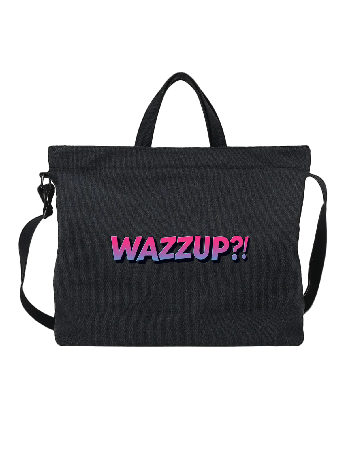 Сумка чёрная с принтом Надпись WAZZUP? В неоновом градиенте — текстовый дизайн — Чёрная, фото 1